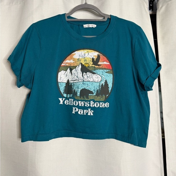 Love & Lazy Days Teal Blue Yellowstone Park Graphic Cropped TShirt Large - Picture 8 of 8